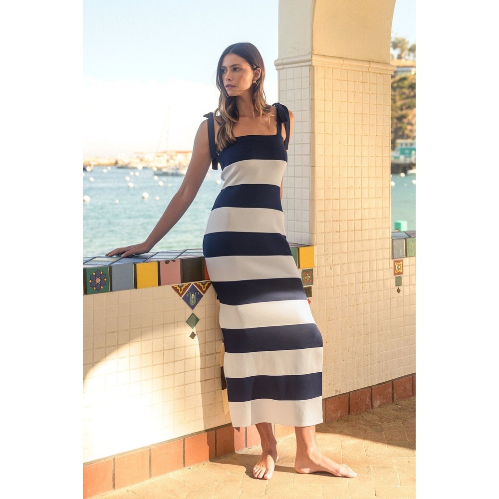 MABLE SYRAH BOW SHOULDER STRIPE MAXI DRESS Dress Size Large Navy/White Stripe